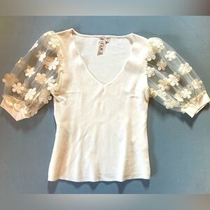 Anthropologie Cream V-Neck Sweater with Floral Sleeves